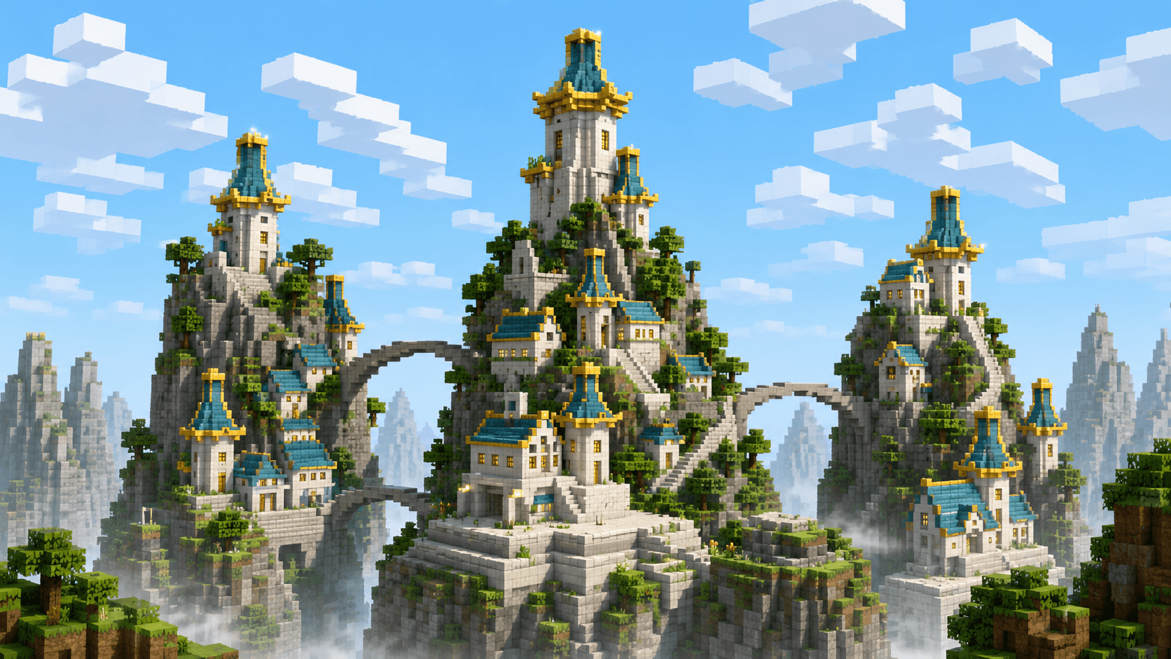A Minecraft-style Eastern Air Temple built across bright mountain peaks.
